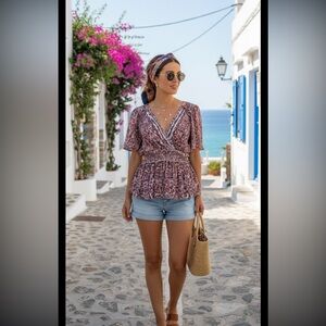 Angie Short Sleeve Surplice Floral Printed Woven Top bohemian Liberty print new